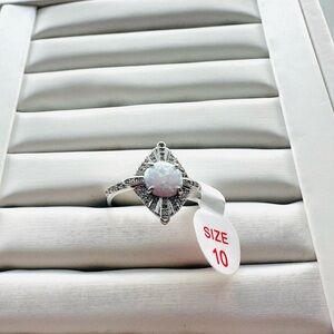 Bomb Party White Opal Halo Sterling-Style Ring in Silver-Size 10